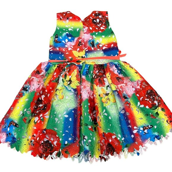 Halabaloo Girls Rainbow Floral Laser-Cut Dress 6X Polyester Cotton Blend Bow Acc - Picture 2 of 6